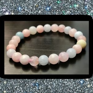 Morganite with Aquamarine gemstone beaded stretch bracelet #025